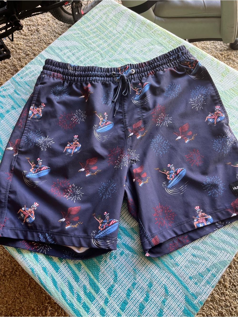 Hurley Navy Swim Board Shorts with Red & White Patriotic Accents